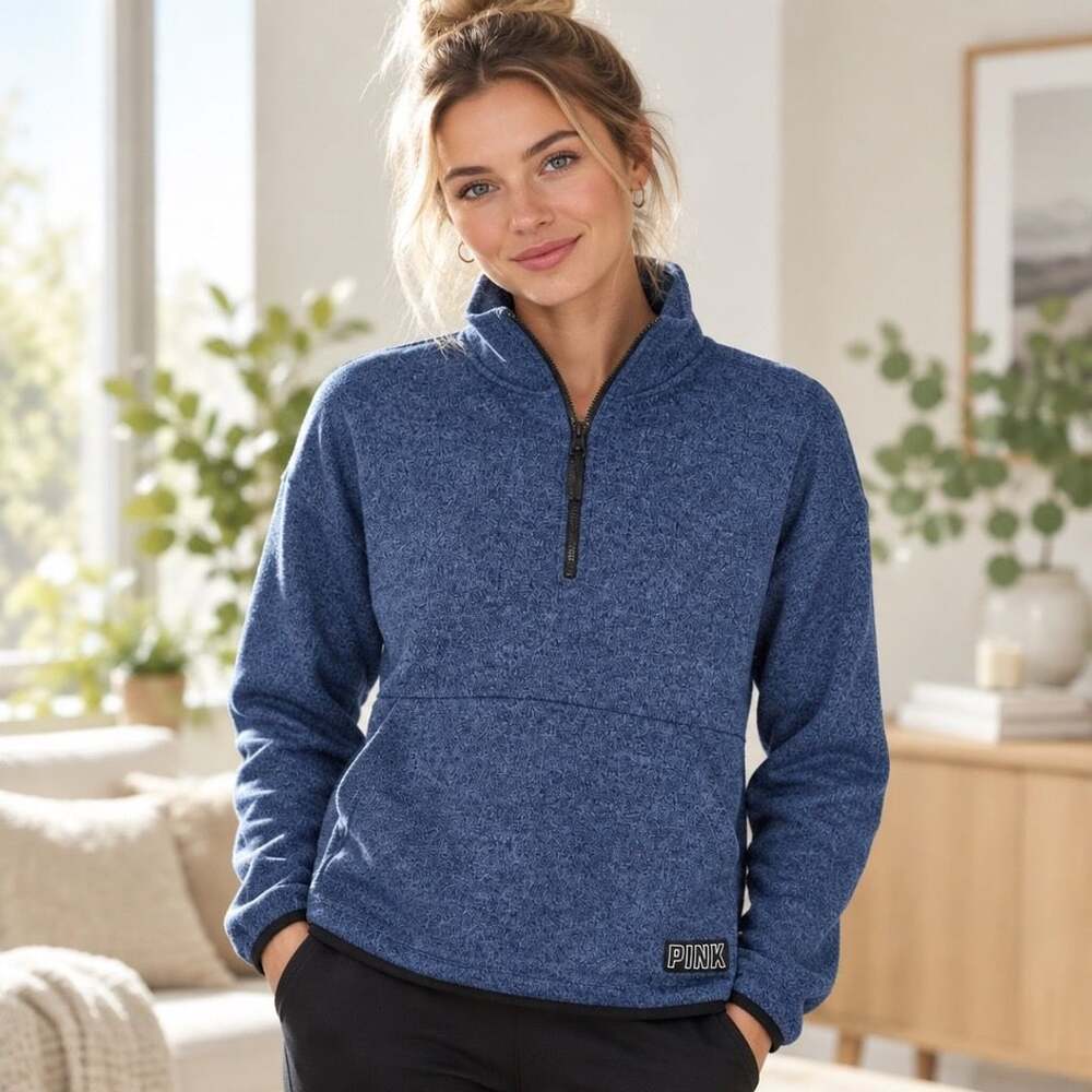 PINK Victoria's Secret Half-Zip Pullover Fleece Blue Heather